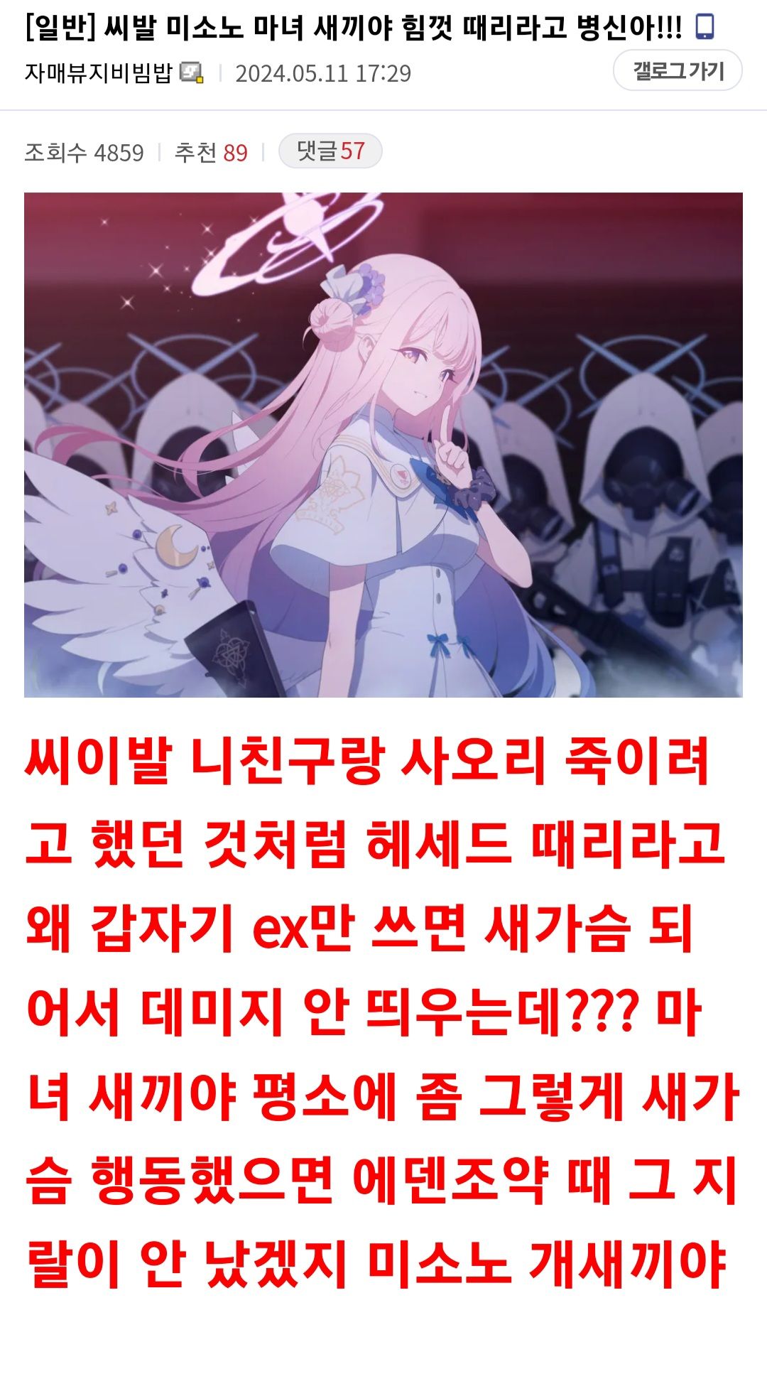 갤펌) 씨발 미소노 마녀 새끼야 힘껏 때리라고 병신아!!! - 블루 아카이브 채널